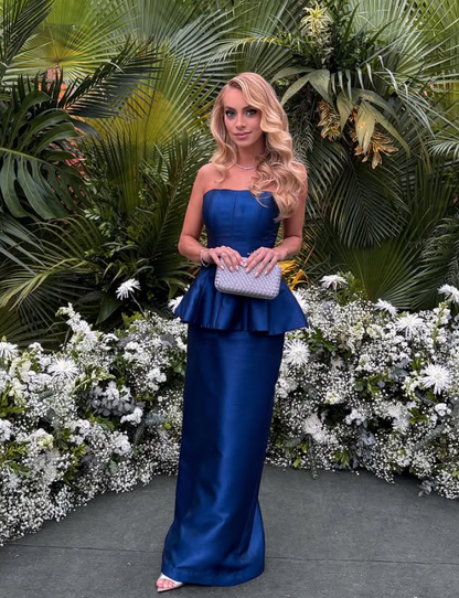 High-class Navy Blue Sheath Strapless Satin Long Prom Dress Evening Dress DP6220