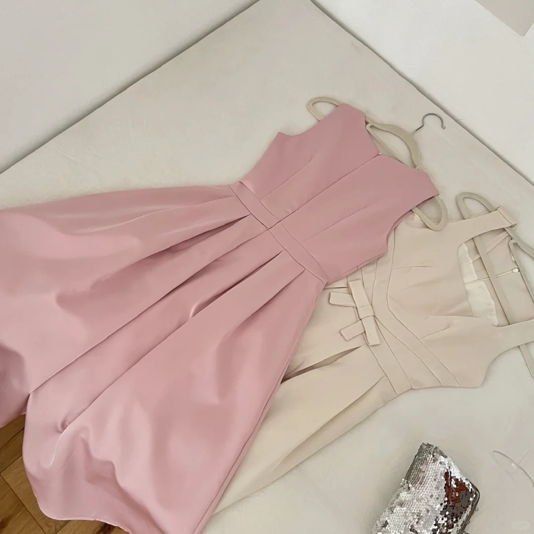 Pink A Line Straps Bow Satin Mini Homecoming Dress Birthday Dress DP2609