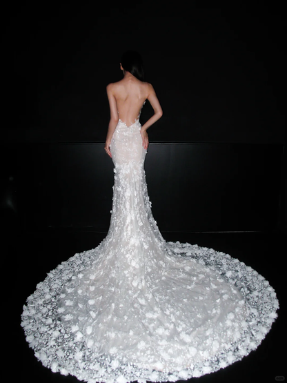 Glamorous Mermaid V Neck Floral Lace Tulle Long Wedding Dress DP5800