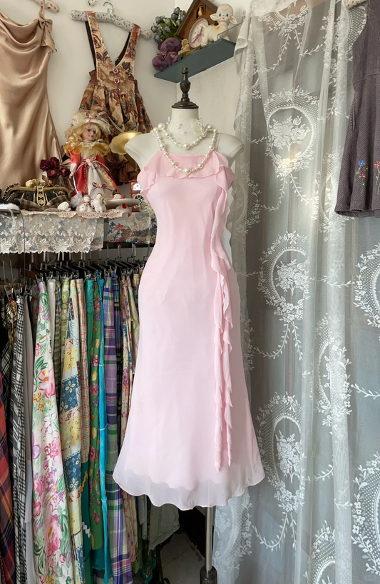 Vintage Mermaid Spaghetti Straps Ruffle Chiffon Outfits Dress DP4854