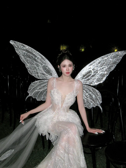White Butterfly Fairy Shiny Beaded Tulle Long Prom Dress Evening Dress DP5384