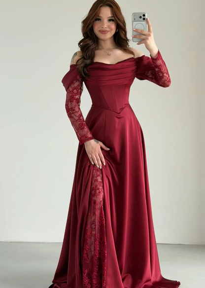 Elegant Burgundy A Line Long Sleeve Lace Satin Prom Dress Evening Dress DP5631