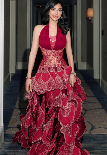 Stunning Red Ball Gown Halter Layered Beaded Tulle Long Prom Dress Evening Dress DP6062