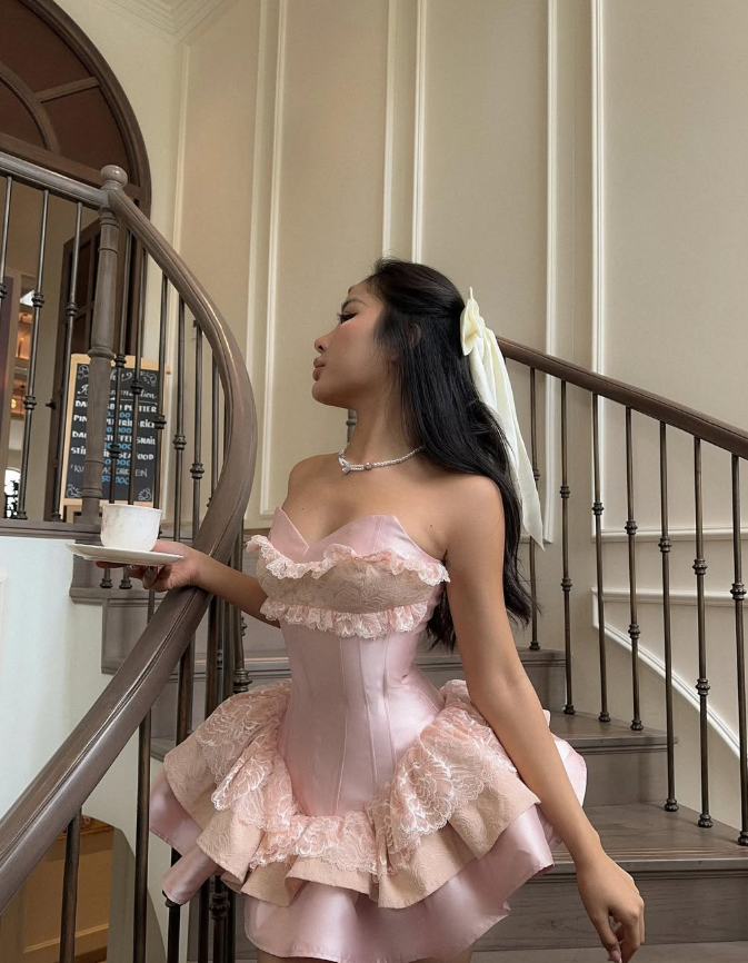 Pink A Line Sweetheart Neck Lace Satin Short Homecoming Dress Cocktail Dress DP3291