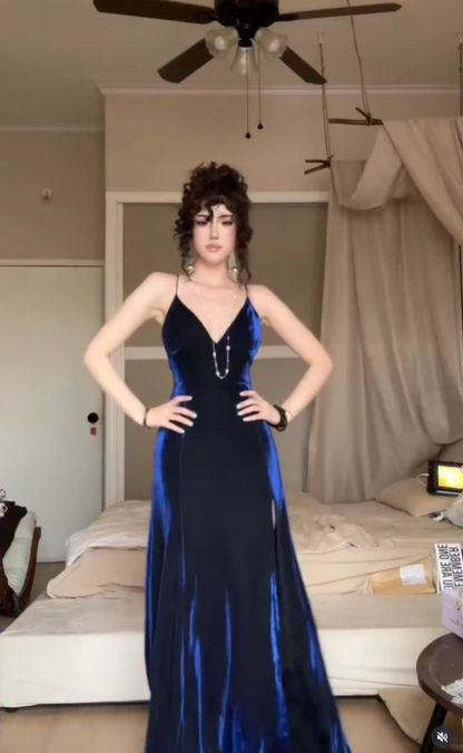 Navy Blue Mermaid Spaghetti Strap Velvet Prom Dress with Slit DP4363