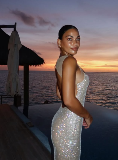 Gorgeous Sheath Straps Rhinestone Tulle Open Back Long Prom Dress Evening Dress DP1857