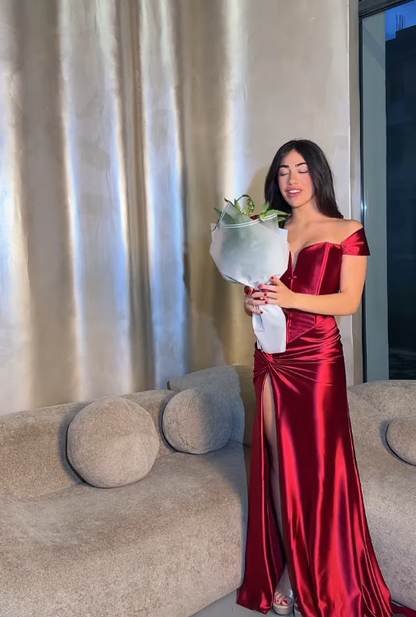 Burgundy A Line Off the Shoulder Satin Long Prom Dress Party Dress with Slit DP4111