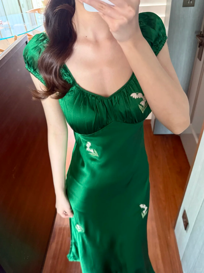 Lily of the valley Embroidery Emerald Satin Prom Dress DP5161