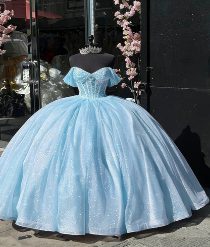 Glitter Off The Shoulder Pink Ball Gown Quinceanera Dress DP683
