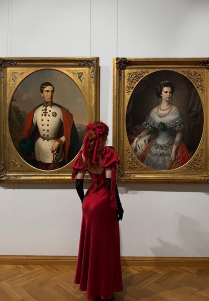 Burgundy A Line Puff V Neck Satin Long Prom Dress Date Dress DP4426