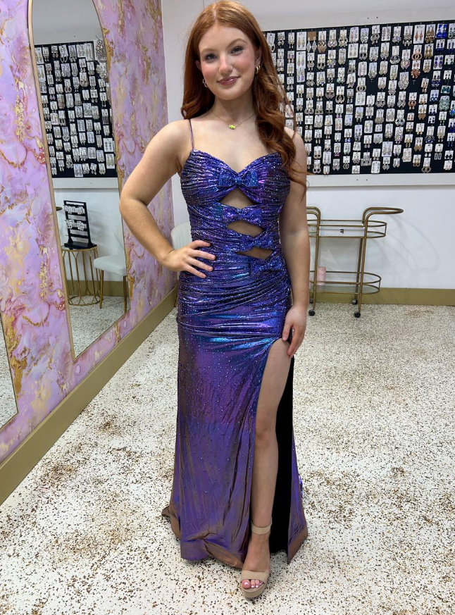 Stunning Sheath Spaghetti Strap Sequin Unique Purple Satin Prom Dress Evening Dress DP6596