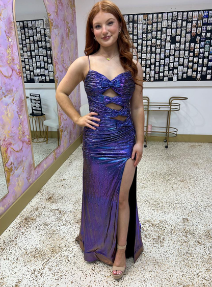 Stunning Sheath Spaghetti Strap Sequin Unique Purple Satin Prom Dress Evening Dress DP6596