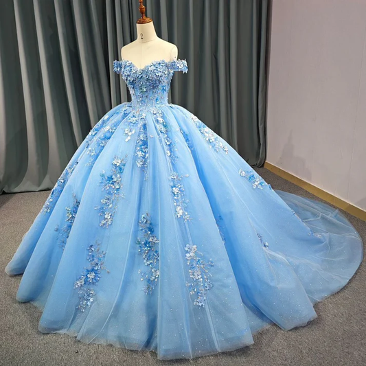 Blue Tulle Appliques Sweet 16 Birthday Party Dress Prom Dress Off The Shoulder Ball Gown DP240