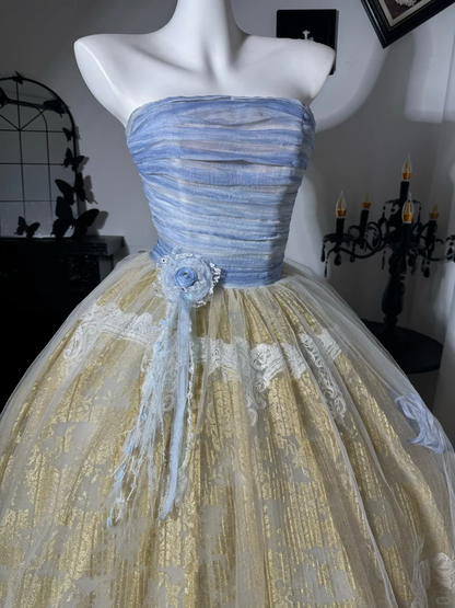 Vintage Ball Gown Strapless Blue Tulle White Lace Prom Dress Evening Dress DP6986