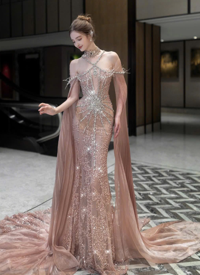 Unique Exquisite Rhinestone Mermaid Straps Sequin Tulle Long Prom Dress DP4635