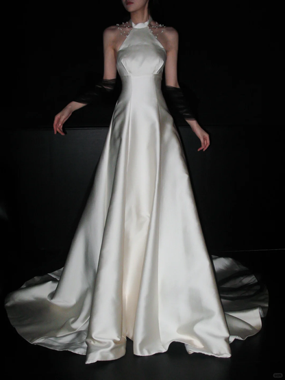 Stunning Black Tulle Bow A Line Halter Pearl White Satin Long Wedding Dress DP5784