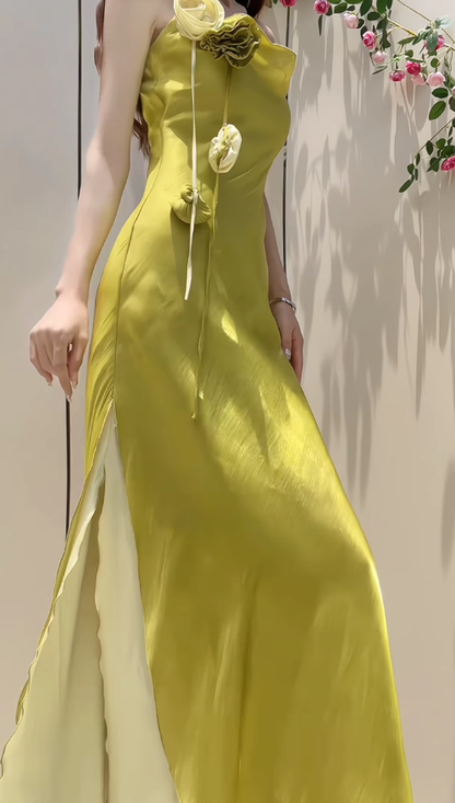 Stunning Sheath Spaghetti Strap Green Flower Satin Prom Dress Evening Dress with Slit DP3561