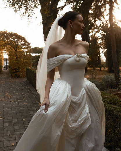 Elegant Ball Gown Off the Shoulder Classic White Satin Wedding Dress DP4771