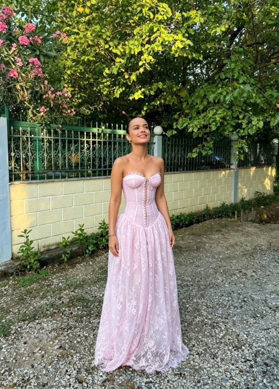 Gentle A Line Sweetheart Neck Pink Lace Long Prom Dress Party Dress DP4130