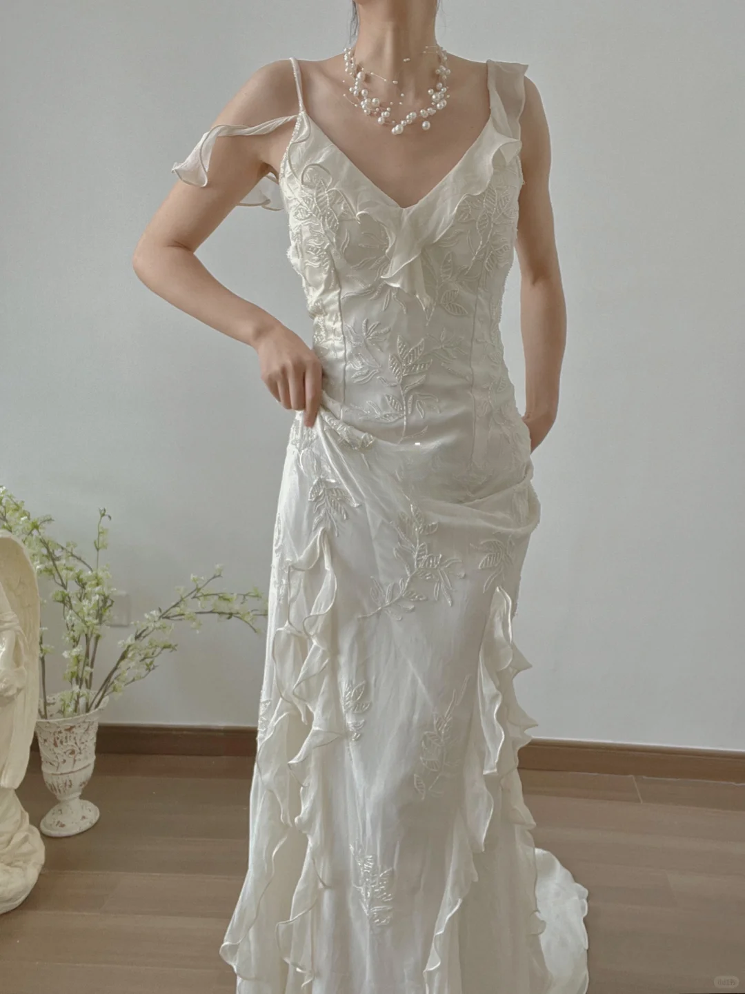 Flowy Mermaid Strap Beaded Ruffle Satin Long Prom Dress Evening 18th Birthday Dress DP3348
