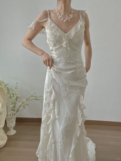 Flowy Mermaid Strap Beaded Ruffle Satin Long Prom Dress Evening 18th Birthday Dress DP3348