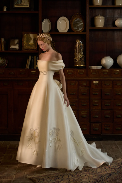 Princess Ball Gown Off the Shoulder Beaded Satin Long Prom Dress Wedding Dress DP3922