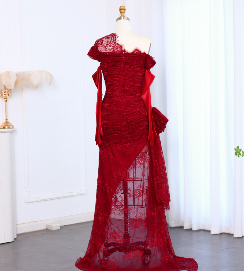 Sexy A Line Long Sleeve Burgundy Lace Prom Dress Evening Dress with Slit DP1914