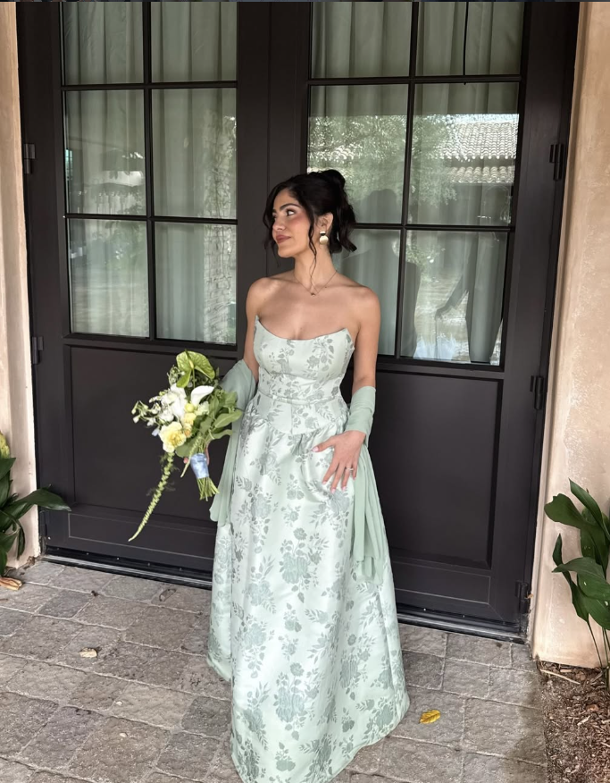 Sage Green A Line Strapless Print Floral Satin Long Bridesmaid Dress DP4966
