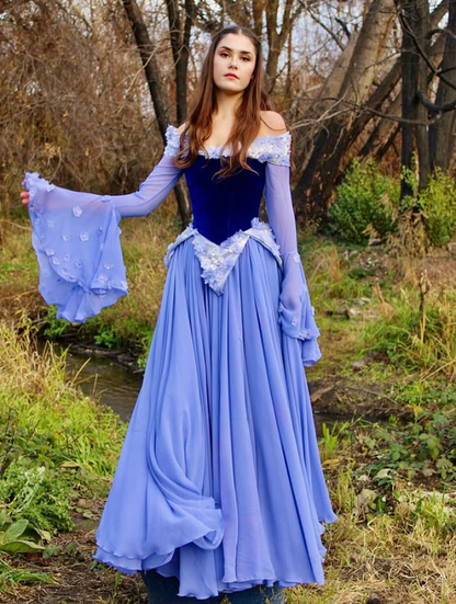 Stunning A Line Long Sleeve Purple Appliques Velvet Chiffon Prom Dress DP4431