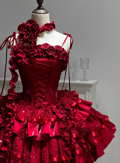 Red Roses Neckline Lolita Goth Boning Dress Sequins Tiered Ruffle Dress DP4068