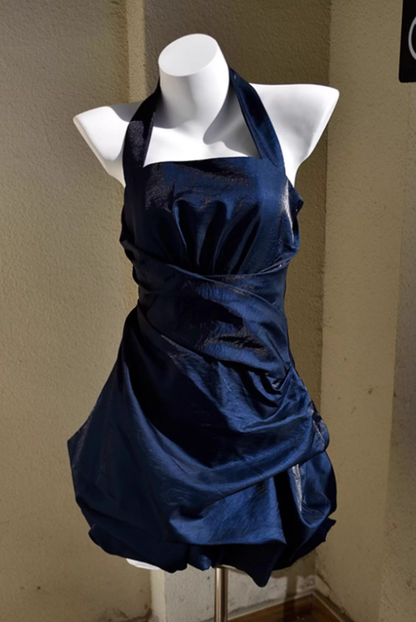 Cute Navy Blue A Line Halter Pleated Satin Open Back Short Homecoming Dress Outfits DP4700
