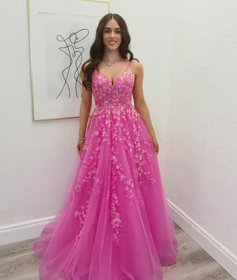 Hot Pink A Line Spaghetti Straps Beaded Sequin Tulle Prom Dress Evening Dress DP6581