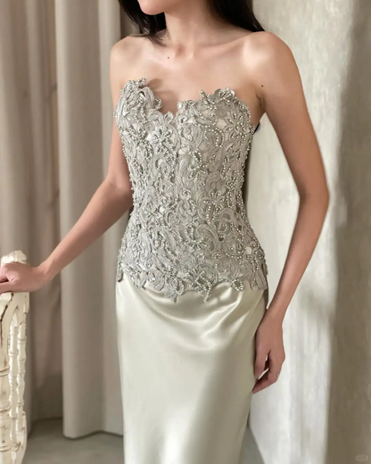 Gentle Sheath Sweetheart Neck Lace Beaded Satin Prom Dress DP4588