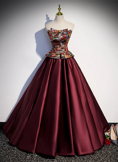Vintage Burgundy Satin Off Shoulder Evening Dress Long Prom Dress DP219