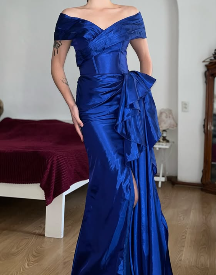 Vintage Royal Blue Mermaid V Neck Satin Slit Prom Dress Evening Dress Date Dress DP5706