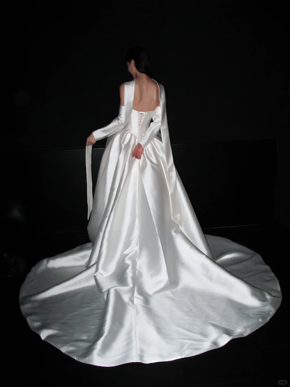 Elegant Ball Gown Strapless White Satin Long Train Wedding Dress DP8086