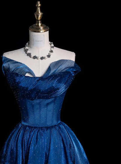 Elegant Blue A Line Strapless Beaded Tulle Prom Dress Evening Dress DP4681