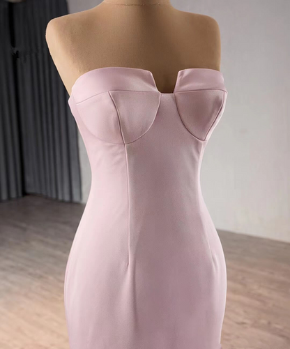 Mermaid Strapless Pink Flower Satin Prom Dresses High Low Removable Long Sleeves DP1258