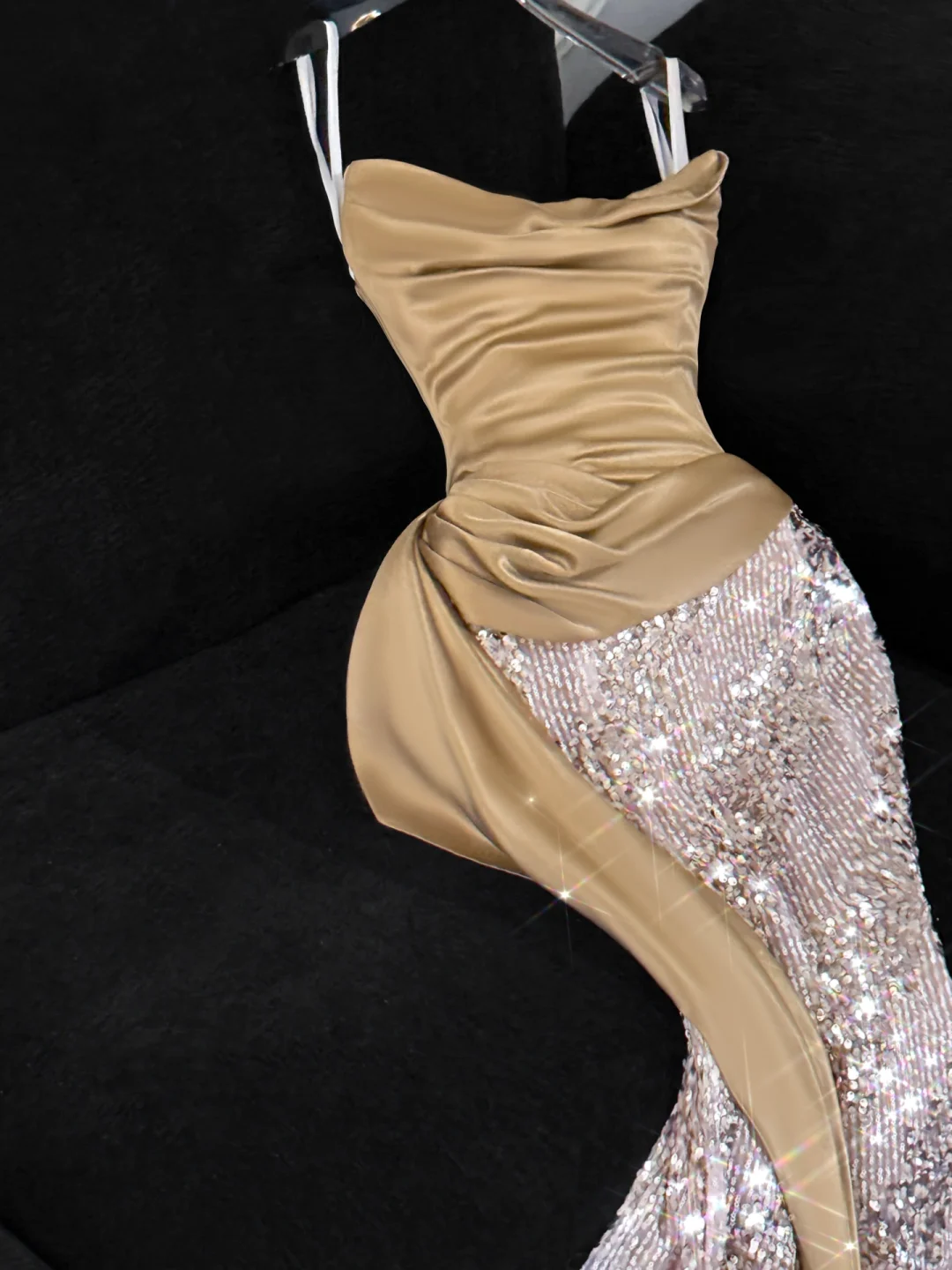 Khaki Mermaid Strapless Sequin Satin Long Prom Dress Evening Dress DP2556