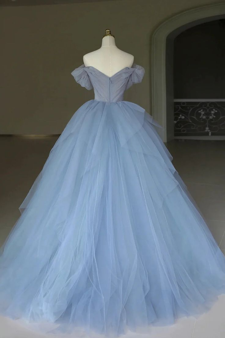 Off the Shoulder Blue Tulle Long Prom Dress Formal Evening Dress Quinceanera Dress DP335