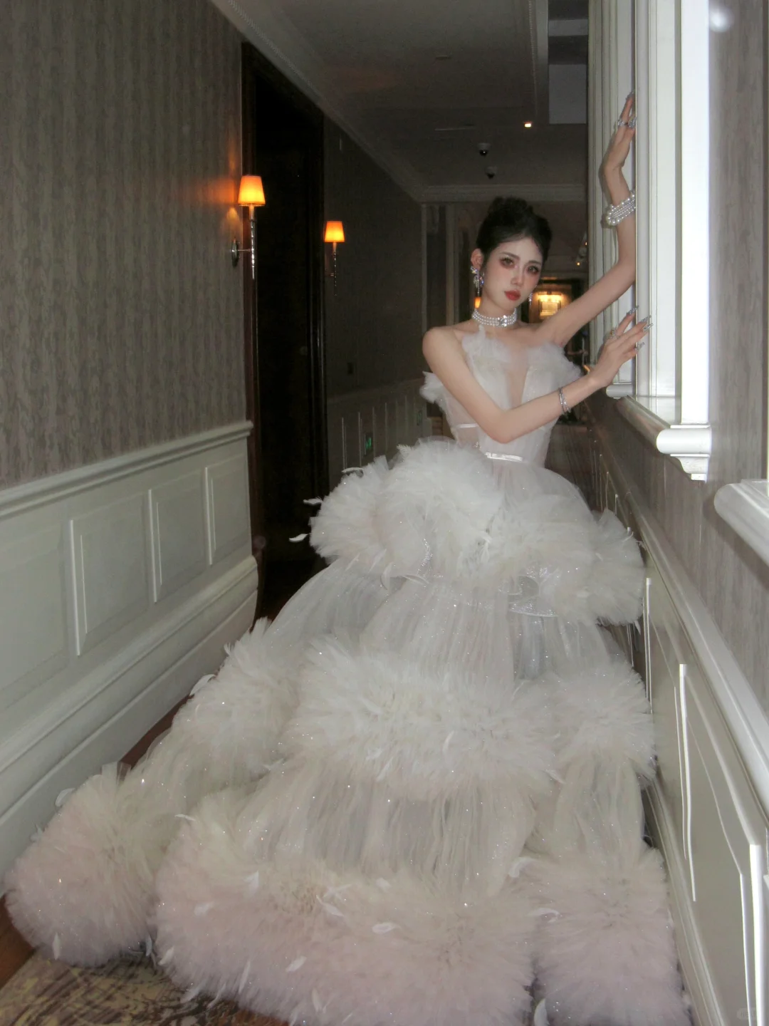 Ball Gown V Neck Feather Sequin Layered Tulle Long Party Dress Evening Dress DP2553