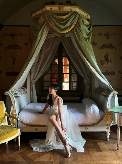 Elegant A Line V Neck Beaded White Chiffon Prom Dress Evening Dress with Slit DP4403