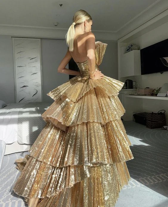 Luxurious Gold Pleated Irregular Neck Layered Prom Dress Quinceañera Party Dress DP280
