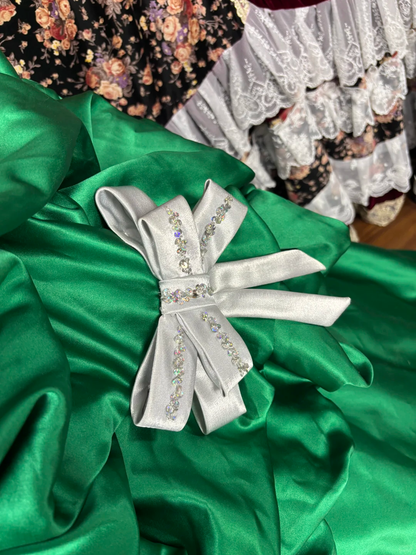 Green Retro Ball Gown Strapless Pleated Beaded Satin Prom Dress Formal Dress with Bow DP3209
