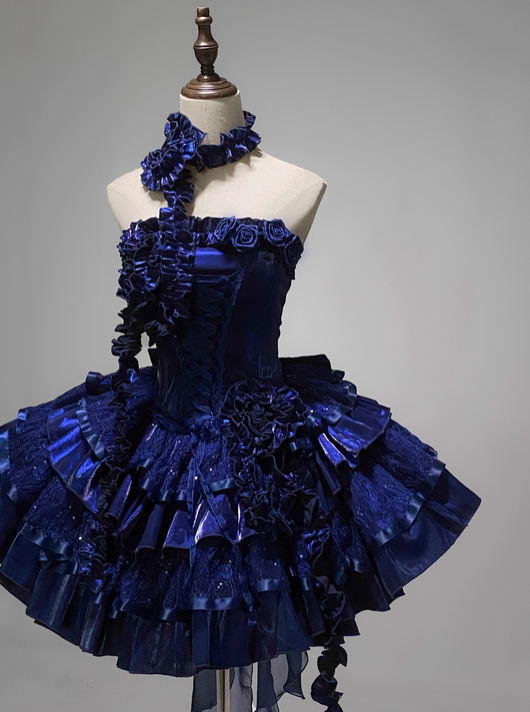 Green Roses Neckline Lolita Goth Boning Dress Sequins Tiered Ruffle Dress DP4492