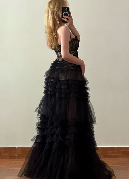 Cute Black A Line Spaghetti Strap Layered Tulle Prom Dress Evening Dress DP6417