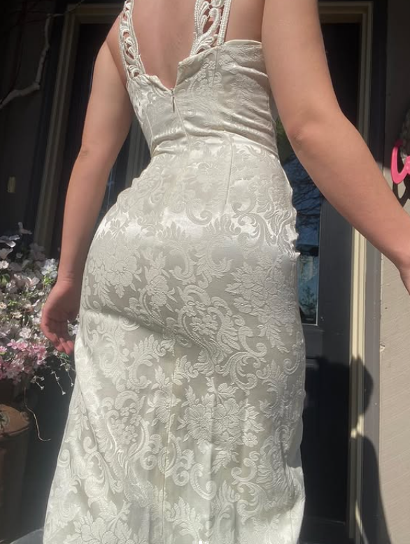 Retro Sheath Round Neck Lace Print Floral Satin Wedding Dress Prom Dress DP5528