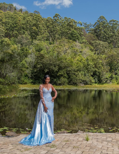 Gorgeous Mermaid Long Sleeve Sequin Blue Satin Long Prom Dress Evening Dress DP1894