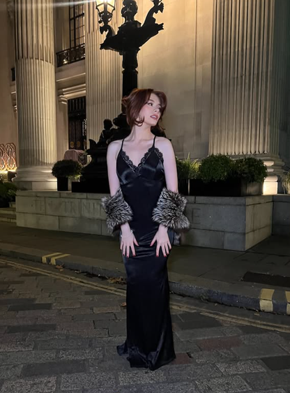 Sexy Sheath Spaghetti Strap Lace Satin Long Prom Dress Wedding Guest Dress DP4319