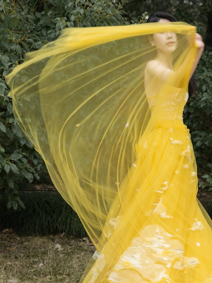 Yellow A Line Strapless White Appliques Tulle Long Prom Dress Party Dress DP4304